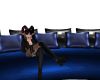 Blue curved couch poses