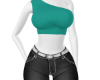 Teal top and Black jeans
