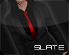 .s. Black suit, red tie